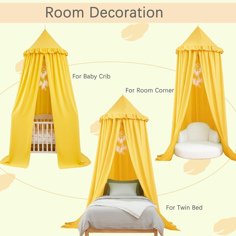 Akiky Kids Bed Canopy for Crib & Twin Size with Ruffles Dreamcatcher, Boys Princess Girls Nursery Room Decor Toddler Baby Dome Round Hanging Tent Curtains Skirt Over Bed Reading Nook Play Yellow - Image 2